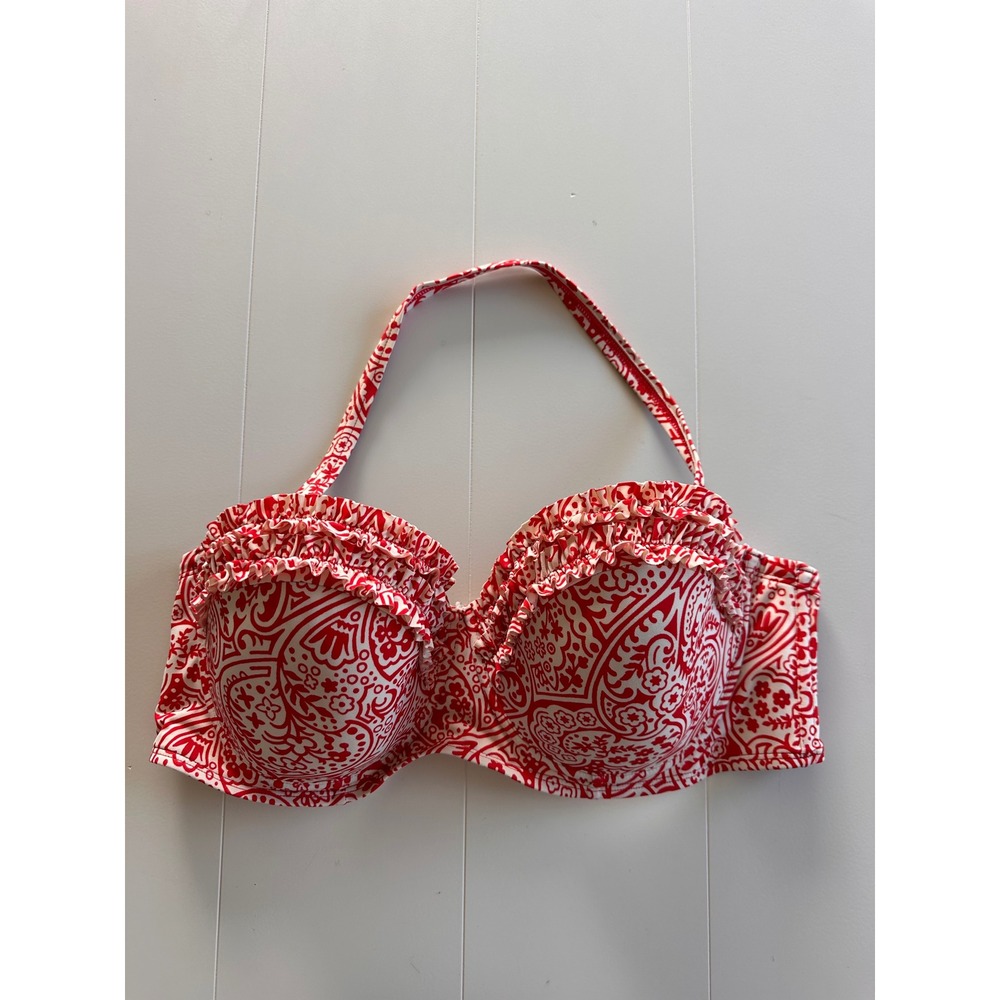 Boden Red White Paisley Ruffle Underwire Halter Bikini Top 38DD WB098